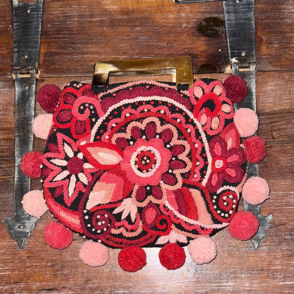 Gorgeous Vintage Embroidered Floral Clutch in Red and Pink